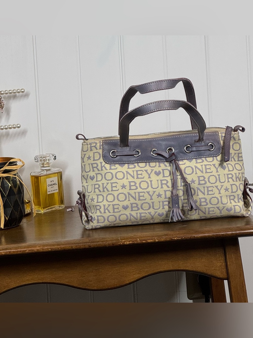 Dooney & Bourke Vintage Y2K Beige Logo Satchel with Lavender Trim Tassel Trendy
